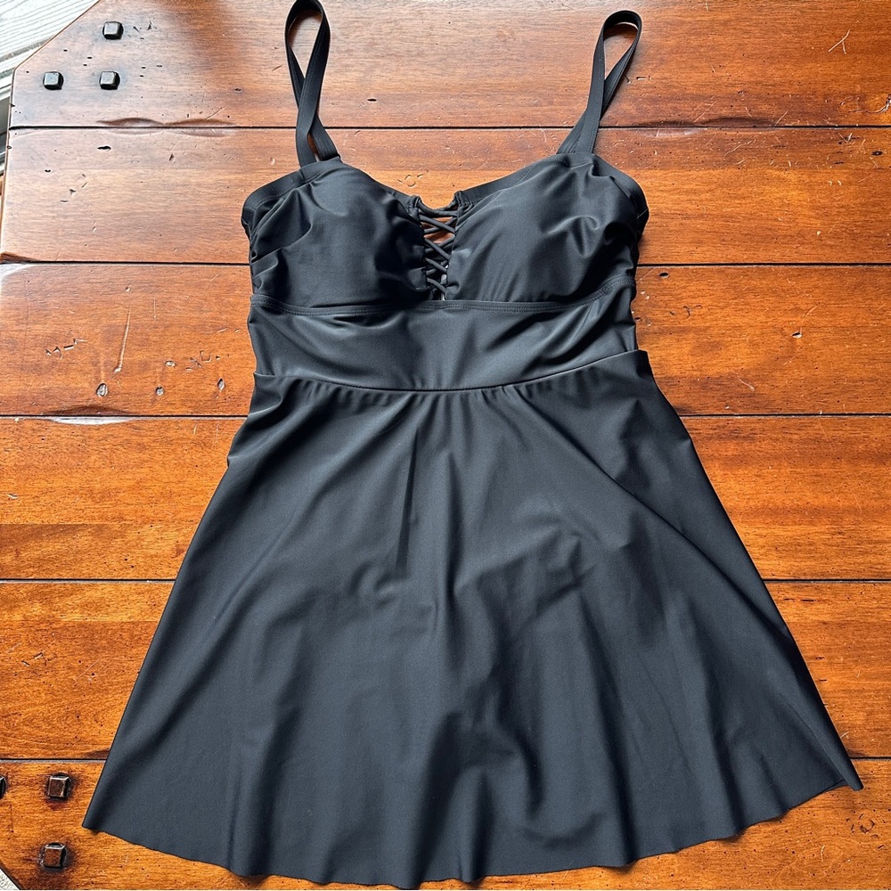 Torrid Wireless Long Lattice Front Swim Dress Black Sexy Size 0 (12-14) NWOT